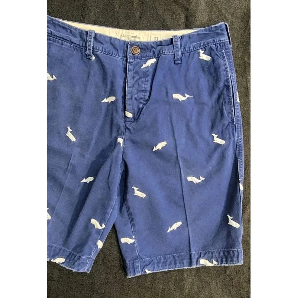 Abercrombie Chino Shorts Mens Sz 33 Blue Button Fly Golf Beach Whales Y2K EUC‎